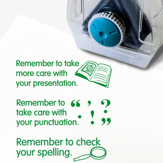 Complete Twist N Stamp.  Brick 1 Green ink - book with phrase 'Remember to take more care with your presentation.  Brick 2 green ink with punctuation symbols and phrase 'Remember to take care with your punctuation'  Brick 3 in green ink with magnifying glass and phrase 'Remember to check your spelling'.