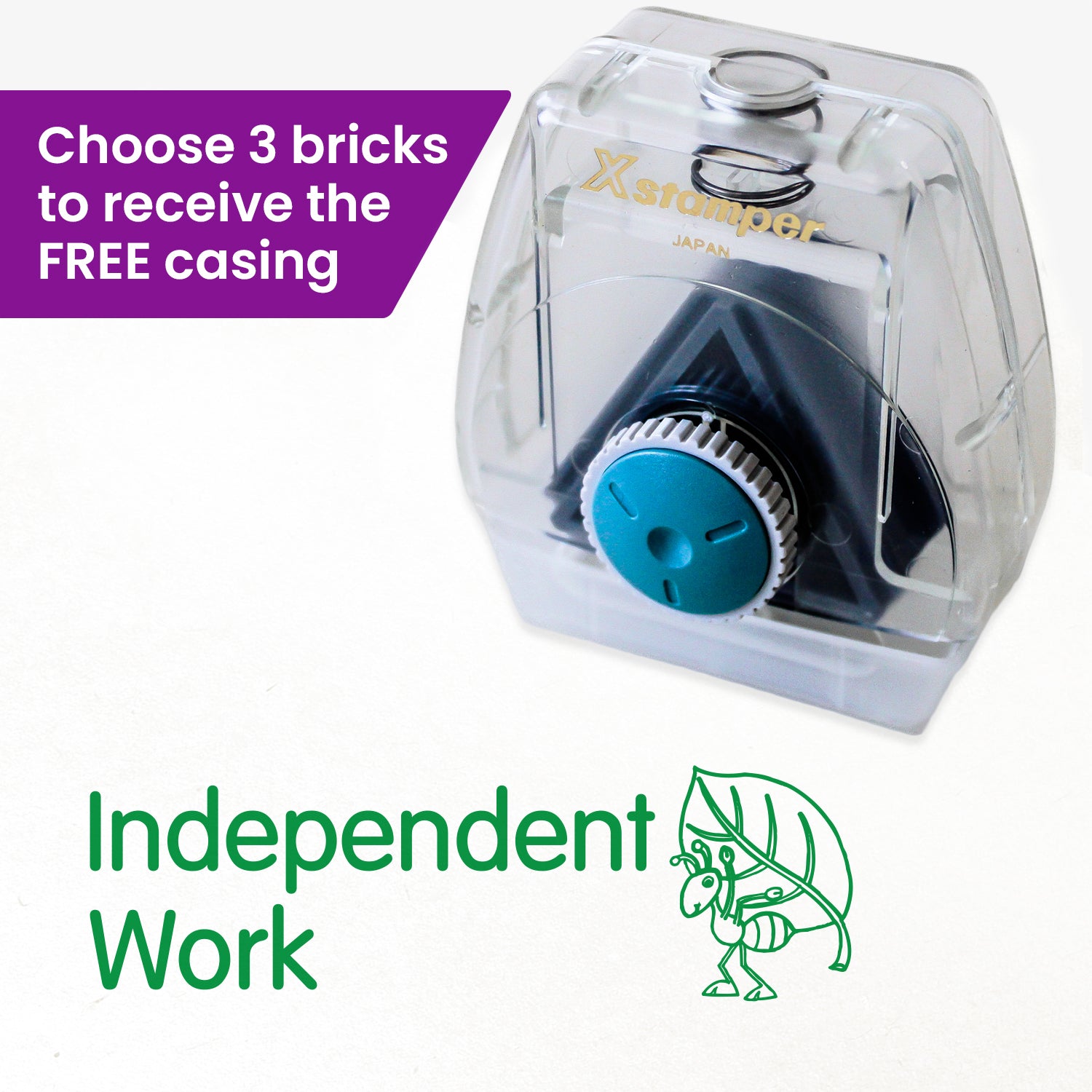 One Twist N Stamp brick in green ink - Phrase says 'Independent Work' with an ant holding a leaf next to it.