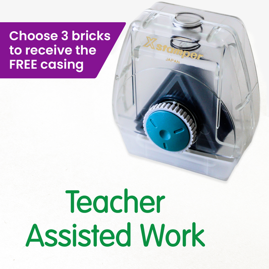 One Twist N Stamp brick in green ink saying 'Teacher Assisted Work'.  