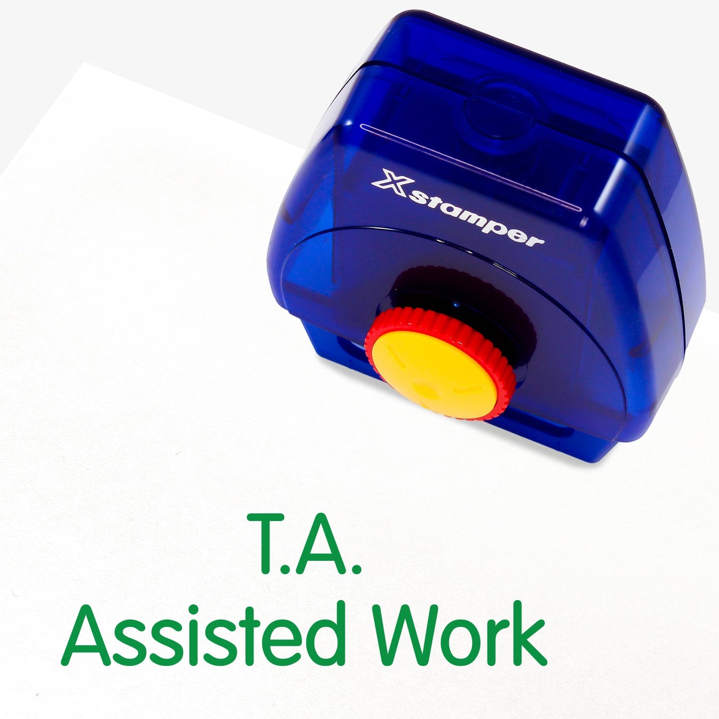 One Twist N Stamp brick in green ink saying 'T. A. Assisted Work'.  
