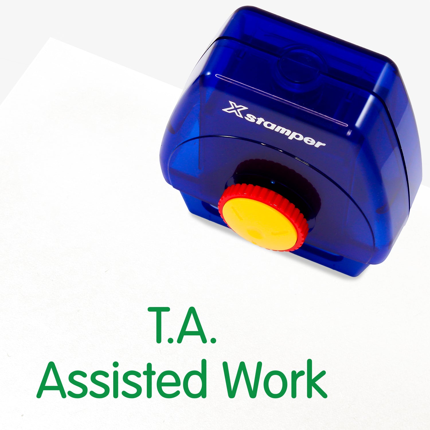One Twist N Stamp brick in green ink saying 'T. A. Assisted Work'.  