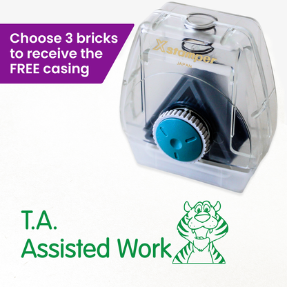 One Twist N Stamp brick in green ink with a cartoon tiger face and phrase saying 'T. A. Assisted Work'.  