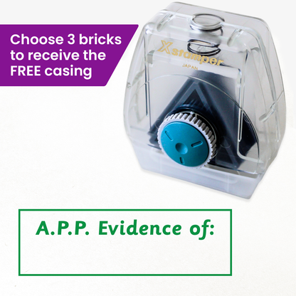 One Twist N Stamp brick in green ink.  A text box contains the words 'A.P.P. Evidence of:'