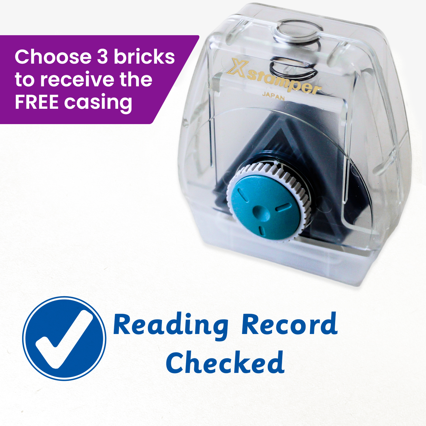 One Twist N Stamp brick in blue ink saying 'Reading Record Checked' with a white tick in a blue circle to the left..  