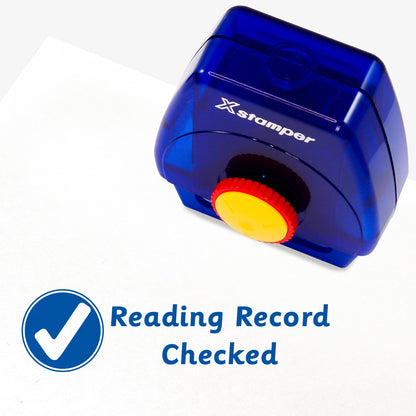 One Twist N Stamp brick in blue ink saying 'Reading Record Checked' with a white tick in a blue circle to the left..  