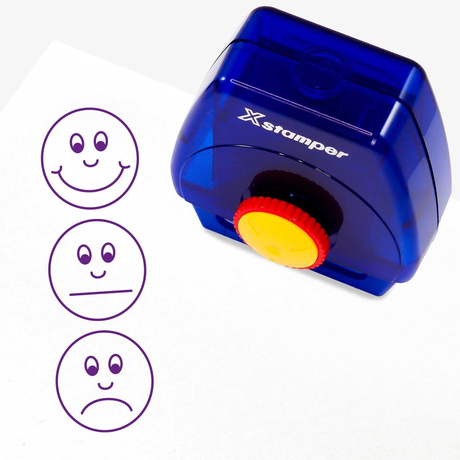 One Twist N Stamp brick in purple ink saying with three emotion faces to choose from - happy / OK / unhappy