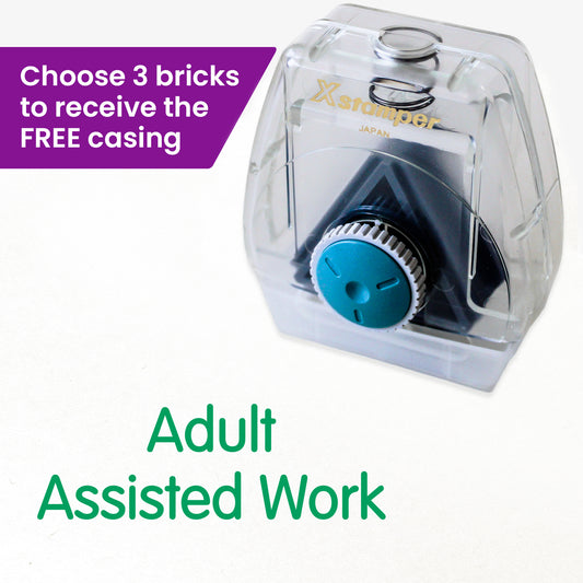 One Twist N Stamp brick in green ink saying 'Adult Assisted Work'.  